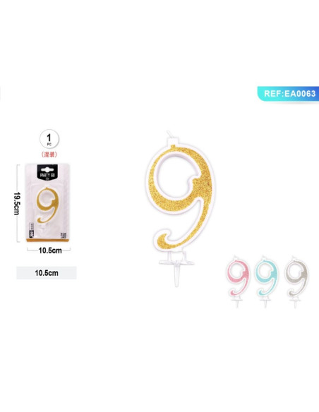 Lumanari aniversare pentru tort PartyGo cifra 9, 10.5cm, alba cu sclipici diverse culori, EA0063