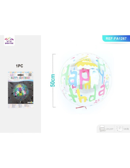 Baloane aniversare PartyGo Happy Birthday, 50cm, cu desene, transparent, FA1267