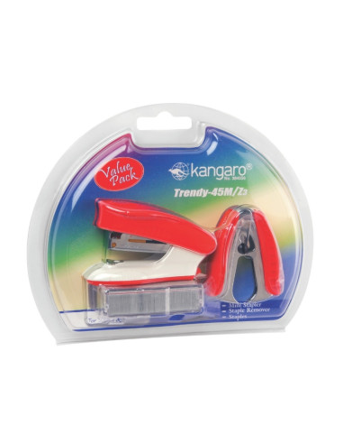 Capsator Kangaro TRENDY-45M/Z3, 24/6, 15coli, rosu, blister (+ decapsator, + capse 24/6)