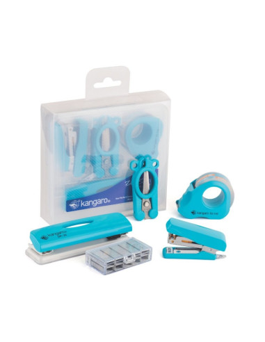 Set birou Kangaro DE-Mini-10 - capsator, perforator, capse, dispenser banda adeziva, foarfeca