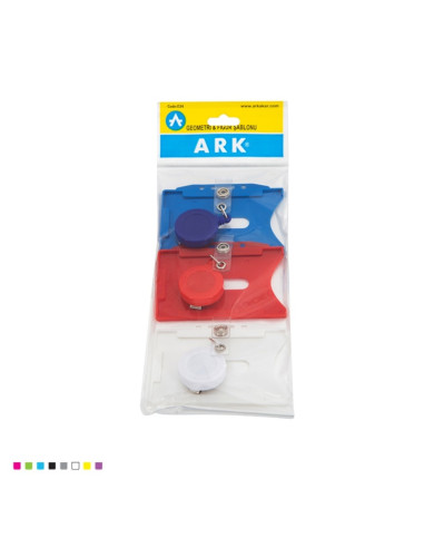 Suport ecuson ARK 1643, orizontal/card cu clips, 9x6cm, plastic rigid, snur retractabil, diverse culori
