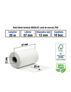 Hartie termica pentru casa de marcat si POS, 57mm x 25m, alb, 1 exemplar, set 10 role