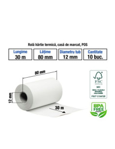 Hartie termica pentru casa de marcat si POS, 80mm x 30m, alb, 1 exemplar, set 10 role