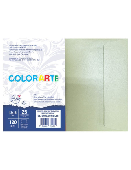 Plic color pentru invitatie Colorarte Perla, verde menta perlat, 120g/mp, 120x180mm, set 25 buc
