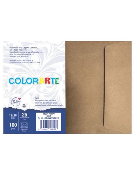 Plic color pentru invitatie Colorarte Kraft, 90g/mp, 120x180mm, set 25 buc