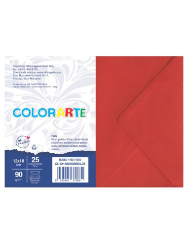 Plic color pentru invitatie Colorarte Fantasia, rosu, 90g/mp, 120x180mm, set 25 buc