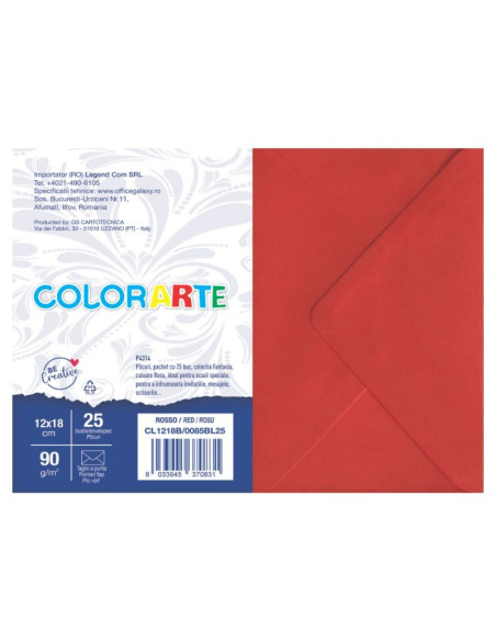 Plic color pentru invitatie Colorarte Fantasia, rosu, 90g/mp, 120x180mm, set 25 buc
