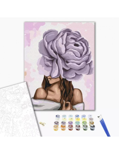 Set Pictura pe numere 40x50cm, Brushme - Doamna cu bujor violet - panza, cadru de lemn, pensule, culori acrilice, BS37546