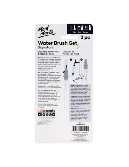 Pensula cu rezervor Mont Marte BMHS0045, varf drept, pentru acuarele apa, set 3 bucata