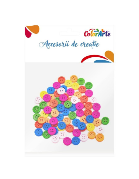 Accesorii creatie - lemn - nasturi, 15mm, diverse culori, set 80 buc, Colorarte
