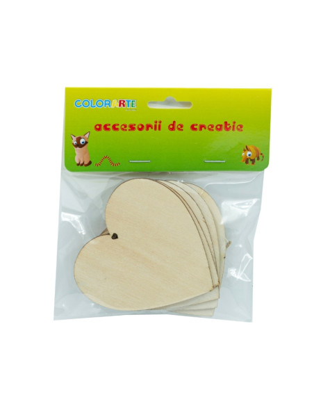 Accesorii creatie - lemn pirogravura - inima + sfoara, 8x8cm, set 5 buc, Colorarte