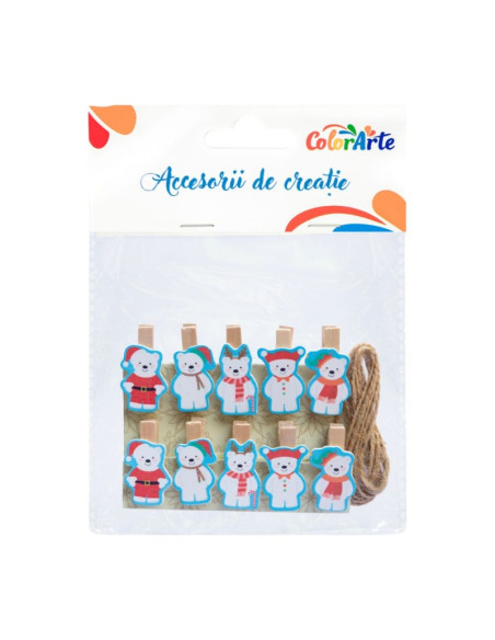 Accesorii creatie - lemn - carlig colorat ursuleti Craciun, 85x104mm, set 10 buc, Colorarte MTCR-WDC7