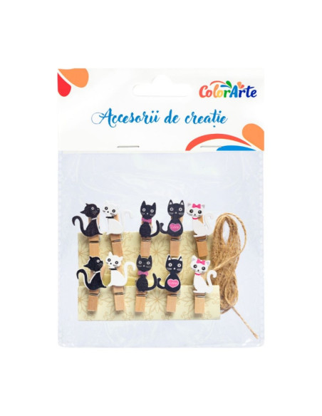 Accesorii creatie - lemn - carlig colorat pisici, 95x104mm, set 10 buc, Colorarte MTCR-WDC710