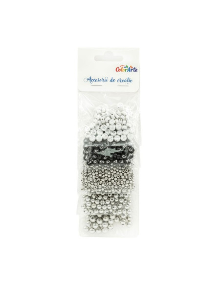 Accesorii creatie - margele plastic, 5 dimensiuni diferite, argintii, 80 g/punga, Colorarte