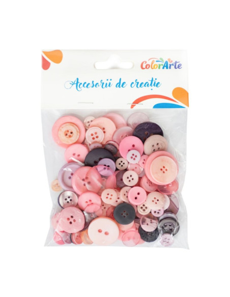 Accesorii creatie - nasturi plastic, diverse nuante roz, 10-23mm, 75 g/punguta, Colorarte