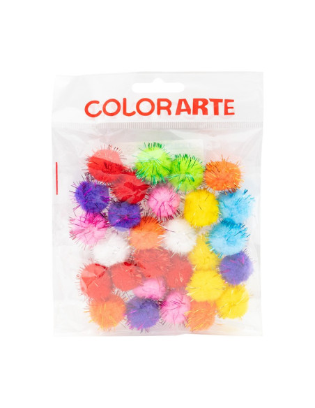 Accesorii creatie - Pom Pom textil cu sclipici, diverse culori, 20mm, set 28 buc, Colorarte