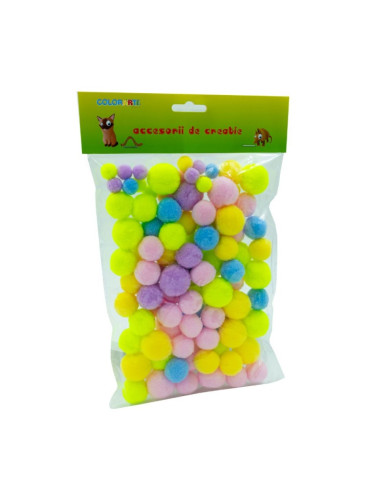 Accesorii creatie - Pom Pom textil, mix fluorescent/pastel, 10-30mm, set 95 buc, CNX