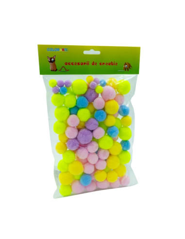 Accesorii creatie - Pom Pom textil, mix fluorescent/pastel, 10-30mm, set 95 buc, CNX