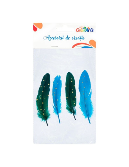 Accesorii creatie - pene cu stelute aurii, 17-19cm, set 4 buc, Colorarte MTCR-FE025