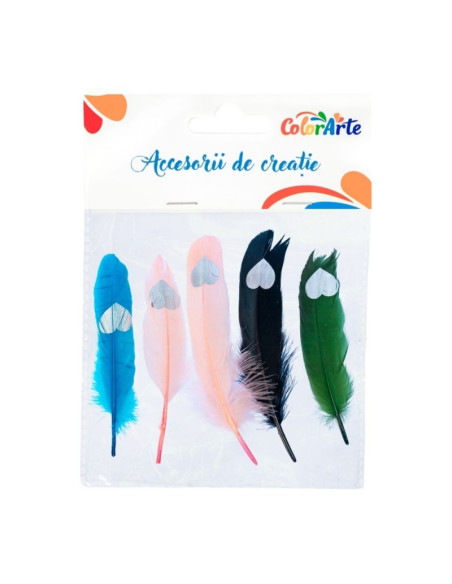 Accesorii creatie - pene cu model inima, 17-20cm, set 4 buc, Colorarte MTCR-FE026