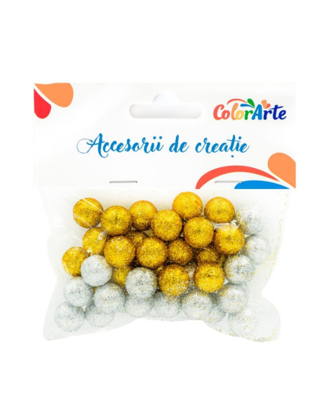 Accesorii creatie - polistiren - bile, argintiu-auriu sclipici, 15mm, Colorarte, MY003, set 50 buc