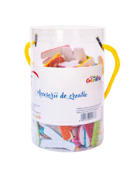 Forme decorative - hartie gumata autoadeziva - litere mici, diverse culori, cu sclipici, set 100 buc, Colorarte, MTCR-EVA5
