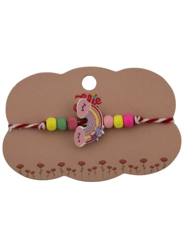 Martisor pentru copii - tip bratara, fir textil alb / rosu, diverse modele lemn
