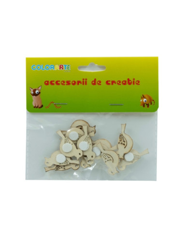 Accesorii creatie - lemn - pasare, cu adeziv, set 12 buc, Colorarte