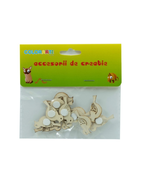 Accesorii creatie - lemn - pasare, cu adeziv, set 12 buc, Colorarte