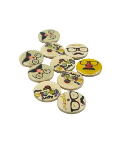 Accesorii creatie - lemn - nasturi, 25mm, natur cu modele mustata - ochelari, set 10 buc, Colorarte