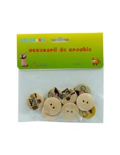 Accesorii creatie - lemn - nasturi, 25mm, natur cu modele mustata - ochelari, set 10 buc, Colorarte 2