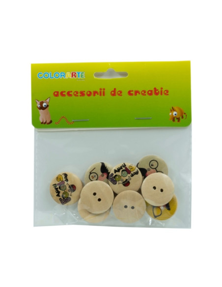 Accesorii creatie - lemn - nasturi, 25mm, natur cu modele mustata - ochelari, set 10 buc, Colorarte