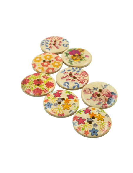 Accesorii creatie - lemn - nasturi, 30mm, natur cu modele flori, set 8 buc, Colorarte