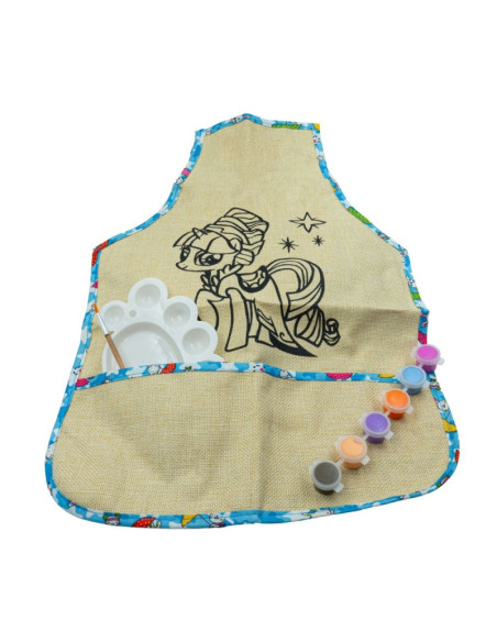 Set pictura - 4 piese - sort protectie haine iuta + paleta + 6 culori + pensula