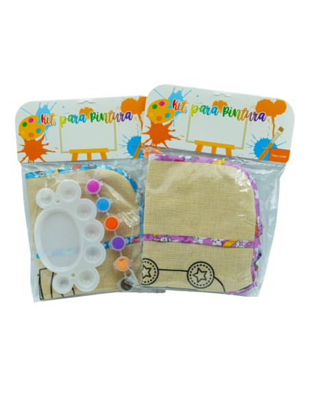 Set pictura - 4 piese - sort protectie haine iuta + paleta + 6 culori + pensula