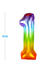 Baloane aniversare PartyGo cifra 1, 40cm, curcubeu, FB0820