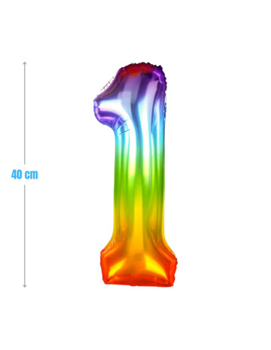 Baloane aniversare PartyGo cifra 1, 40cm, curcubeu, FB0820