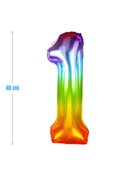 Baloane aniversare PartyGo cifra 1, 40cm, curcubeu, FB0820