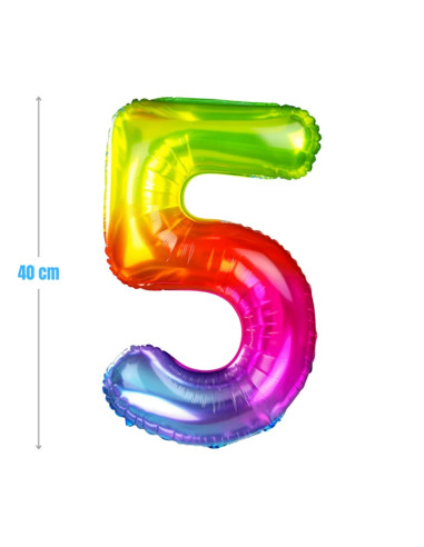 Baloane aniversare PartyGo cifra 5, 40cm, curcubeu, FB0824