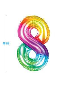 Baloane aniversare PartyGo cifra 8, 40cm, curcubeu, FB0827