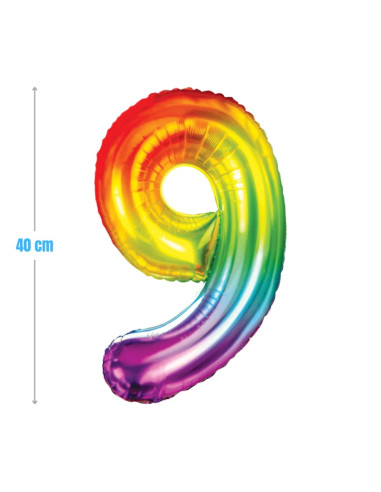 Baloane aniversare PartyGo cifra 9, 40cm, curcubeu, FB0828