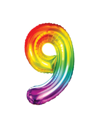Baloane aniversare PartyGo cifra 9, 40cm, curcubeu, FB0828