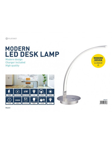 Lampa led pentru birou Platinet PDL531 / 43606, 6W, forma curbata, lumina calda 3000K, aluminiu, PVC, 50cm