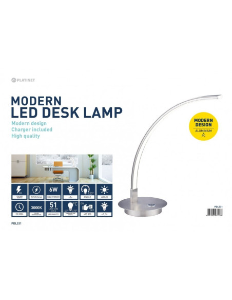 Lampa led pentru birou Platinet PDL531 / 43606, 6W, forma curbata, lumina calda 3000K, aluminiu, PVC, 50cm