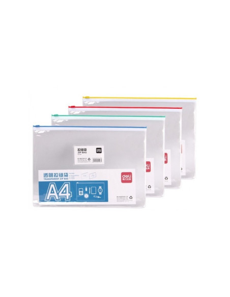 Mapa plastic Deli 5526, cu fermoar zip, A4, 170 microni, transparent, suport card