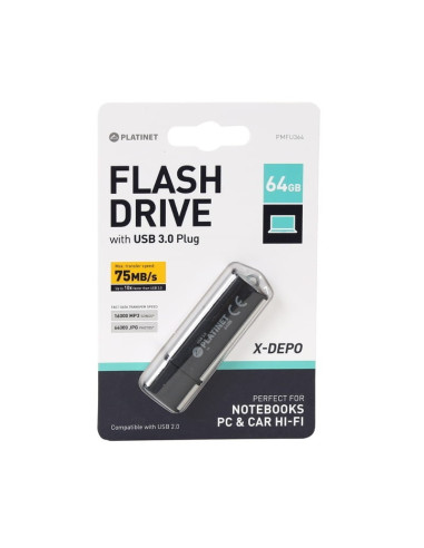 Stick memorie 64GB Platinet PMFU364 41589, USB 3.0, 75MB/s, negru