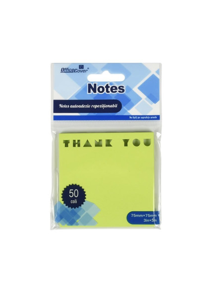 Notes adeziv stantat Office Cover H1-THANK YOU, 50 coli, 75x75mm, verde neon, blister