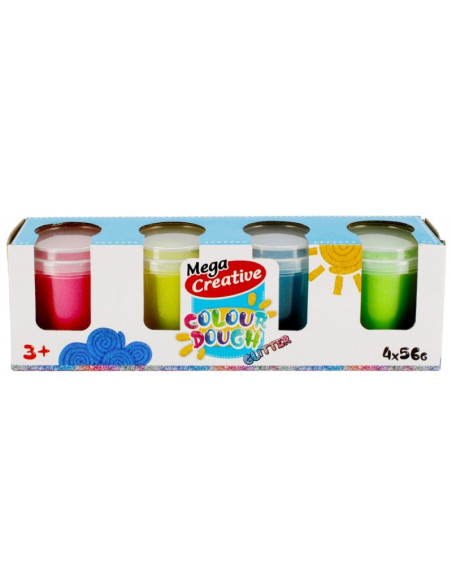 Plastilina Mega Creative Colour Dough Glitter 471258, 4x56g, roz, bleu, galben, verde, +3 ani, set 4 culori