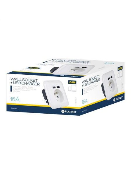Priza de perete Platinet French, cu 2x USB, incarcare rapida, impamantare, input 250V 16A, output 5V 2.1A, alb, PWSF2U, 43964