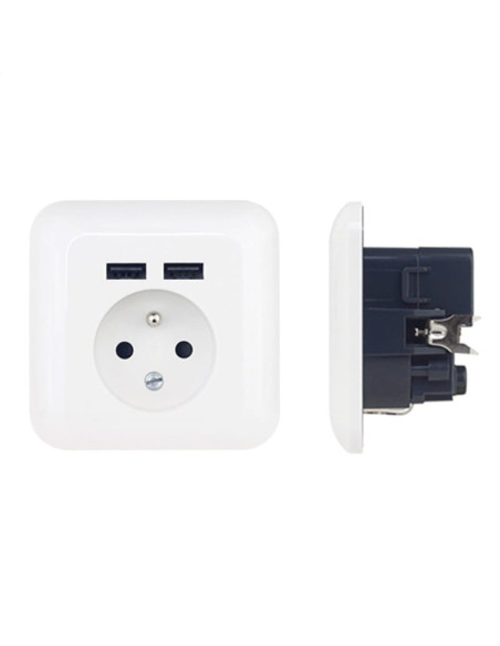 Priza de perete Platinet French, cu 2x USB, incarcare rapida, impamantare, input 250V 16A, output 5V 2.1A, alb, PWSF2U, 43964
